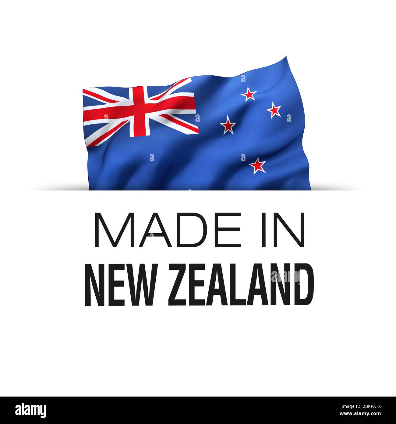 Made in New Zealand - Garantie-Etikett mit einer winkenden neuseeländischen Flagge. 3D-Darstellung. Stockfoto