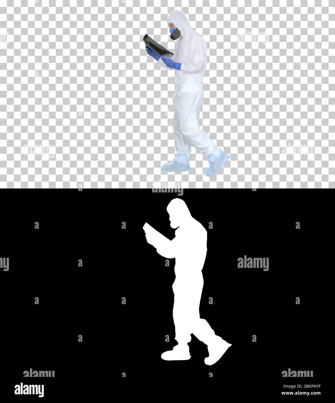 Infektionskrankheit Arzt in schützenden antibakteriellen Anzug Blick auf Lunge Röntgen, Alpha-Kanal Stockfoto