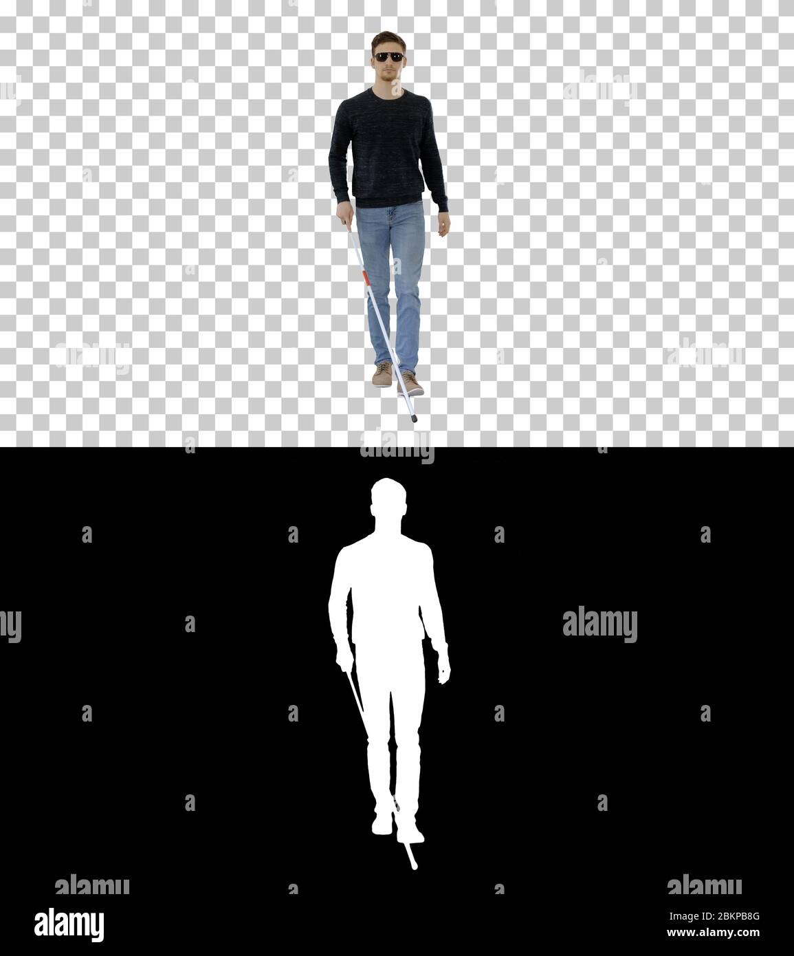 Blinder junger Mann mit Stock Walking, Alpha Channel Stockfoto