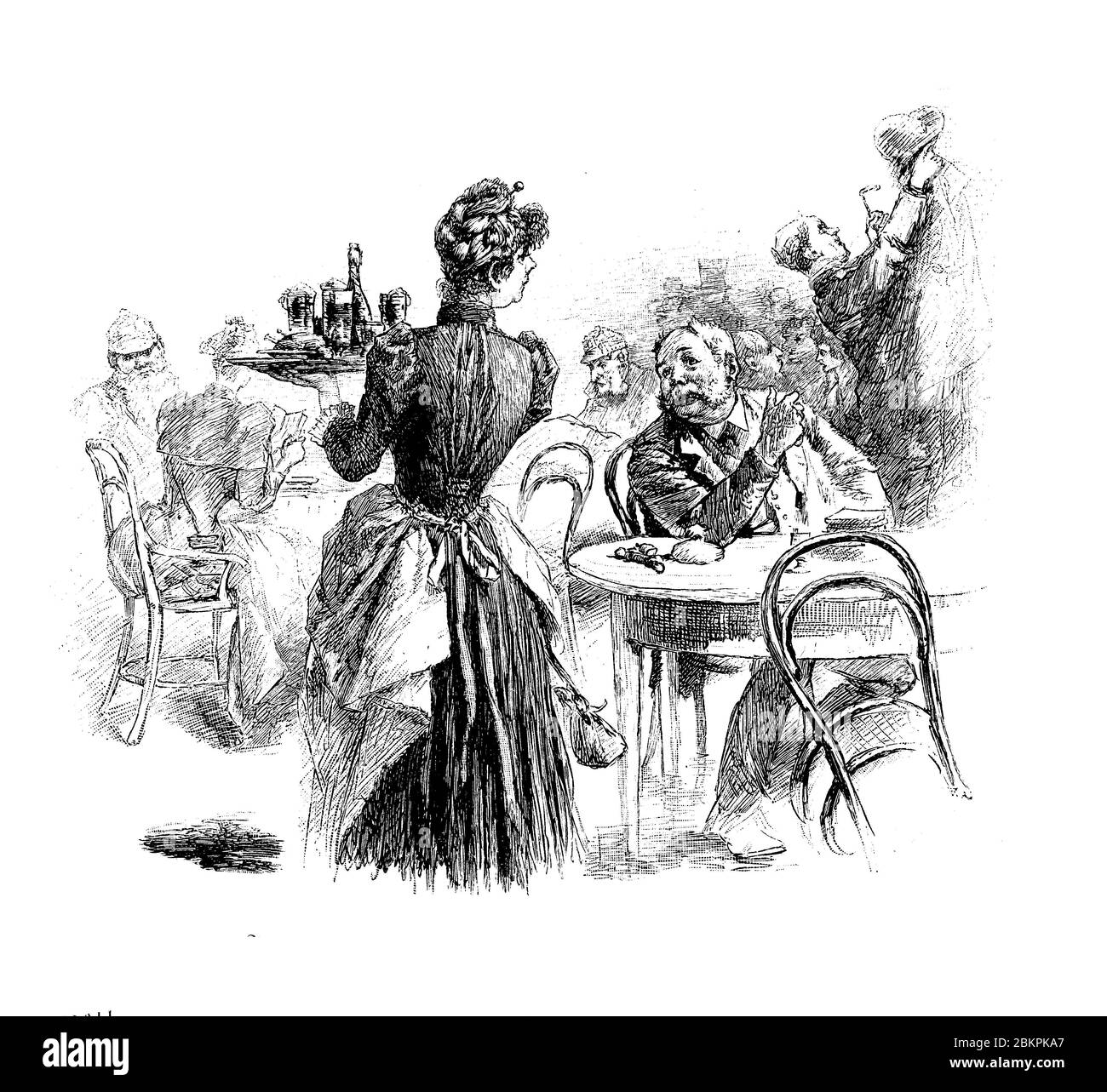 Karikatur des 19. Jahrhunderts: Gewöhnlicher Gast, der allein im Gasthaus sitzt, plaudert mit der Kellnerin, die auf Tischen wartet Stockfoto