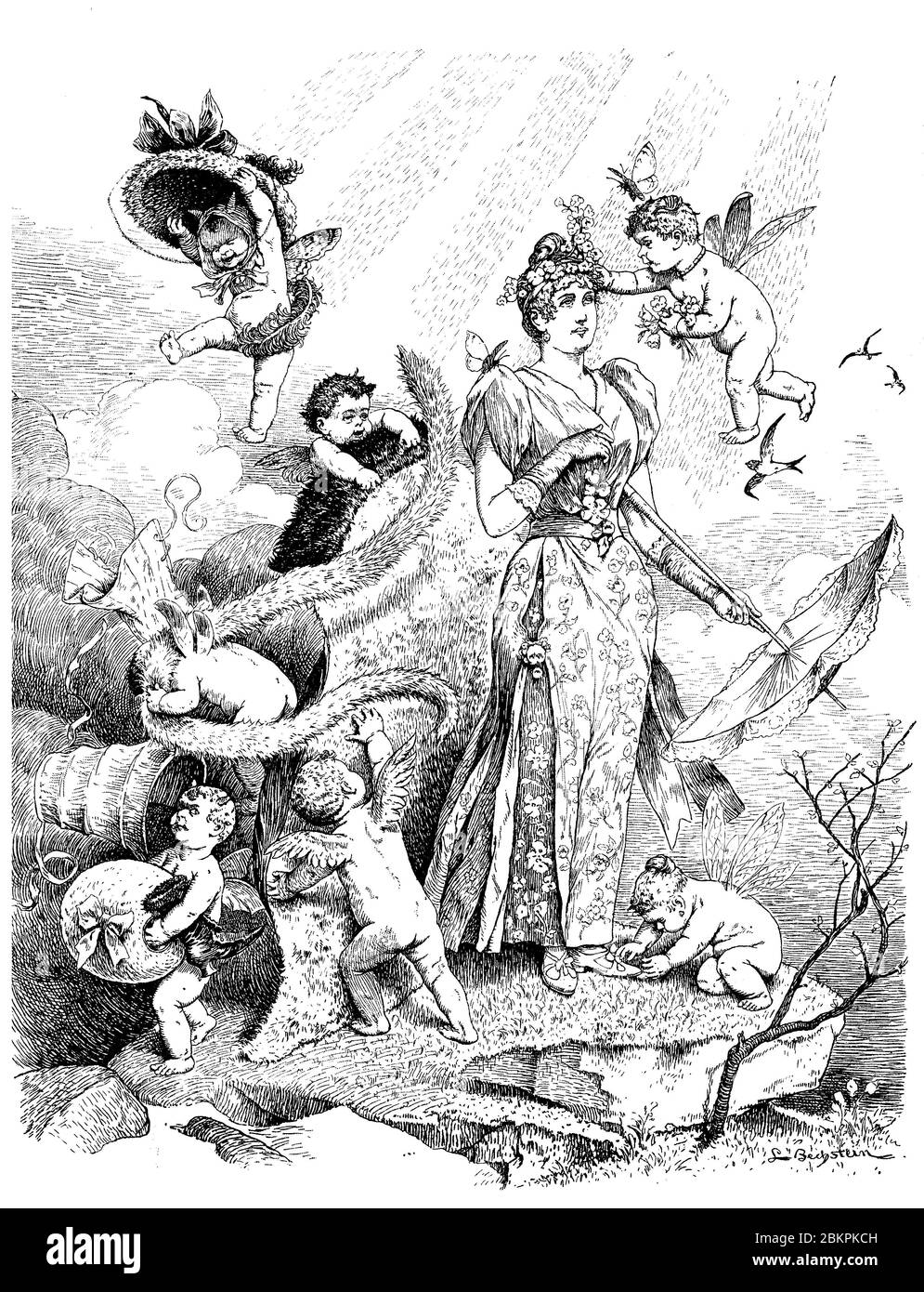 Humor und Karikaturen 19. Jahrhundert: Eine Schar von Amor Putti fliegen um eine junge Dame und helfen Dressing mit Blumenschmuck und Luxus-Outfits Stockfoto