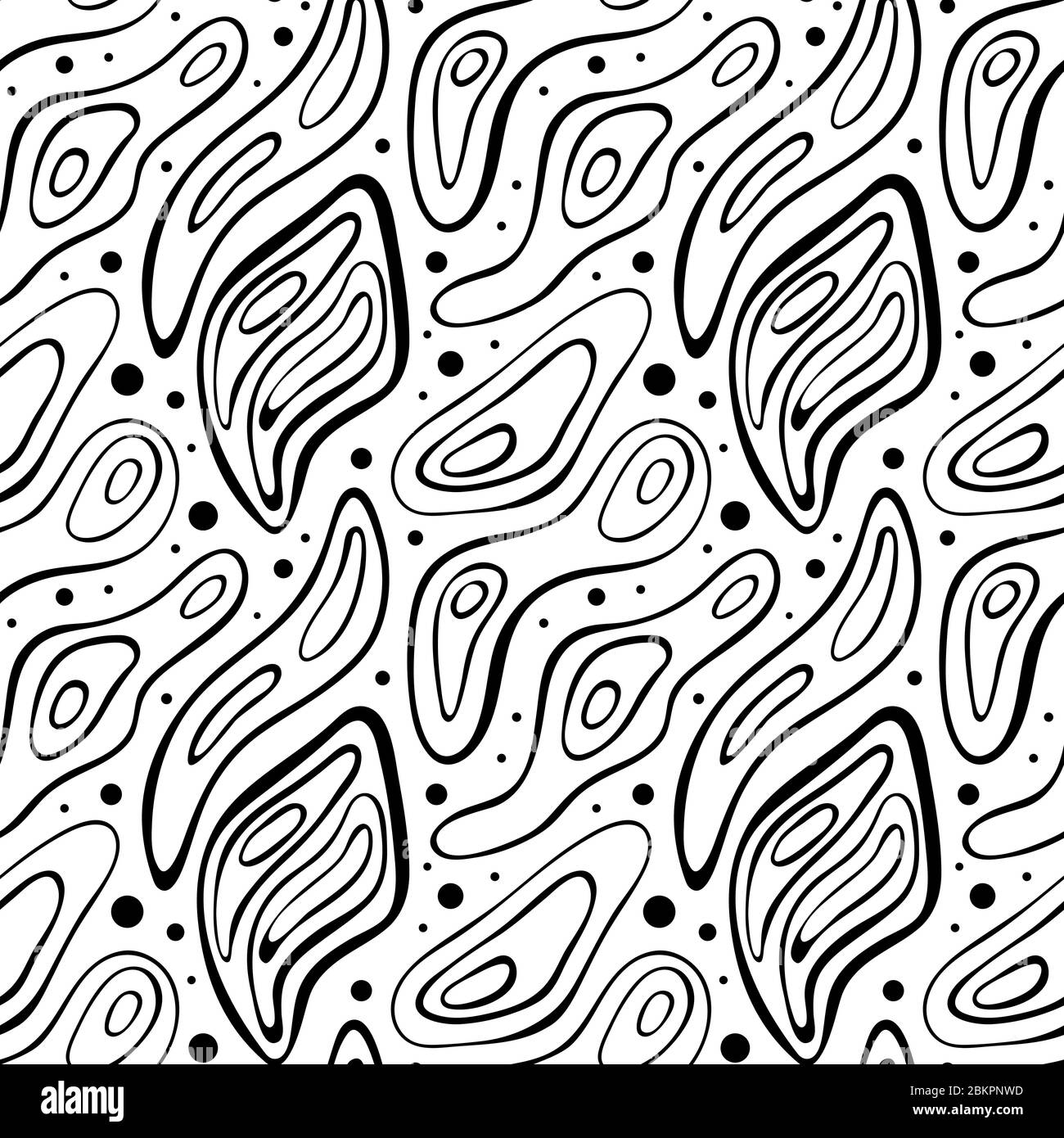 Abstraktes nahtloses Muster mit Tropfen, Wellen und Punkten. Monochromer Hintergrund. Vektorgrafik. Stock Vektor