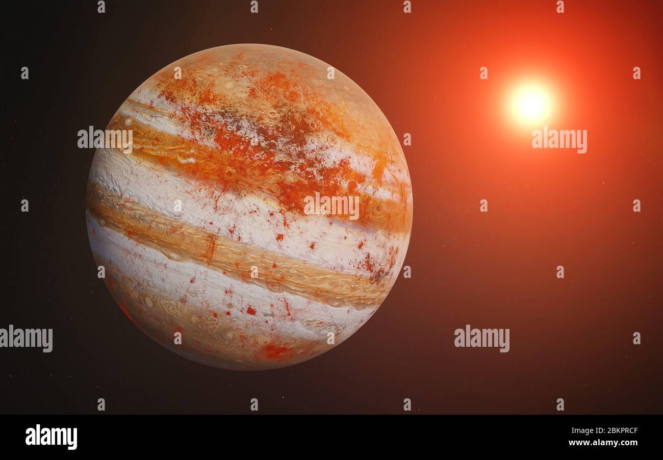 Roter Jupiter wie ein fiktionaler Planet im Weltraum mit Linsenflammen der aufgehenden Sonne. 3D-Darstellung. Elemente des Bildes wurden von der NASA bereitgestellt Stockfoto
