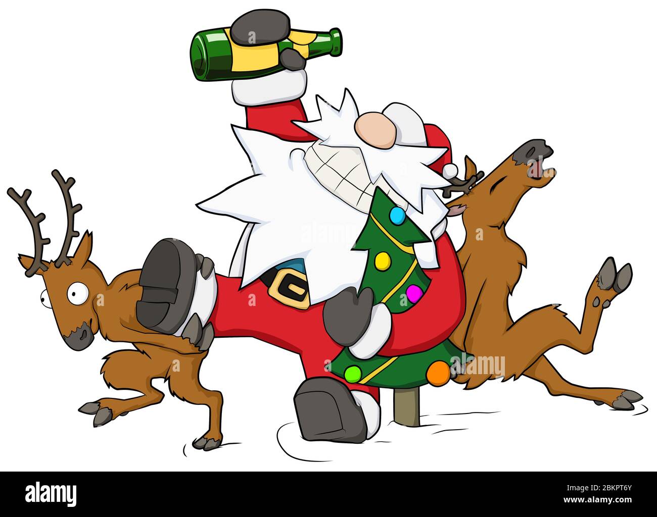 Weihnachtsfeier, Rentier drängen betrunken Santa nach vorne humorvolle Cartoon-Illustration, horizontal, über weiß, isoliert Stock Vektor