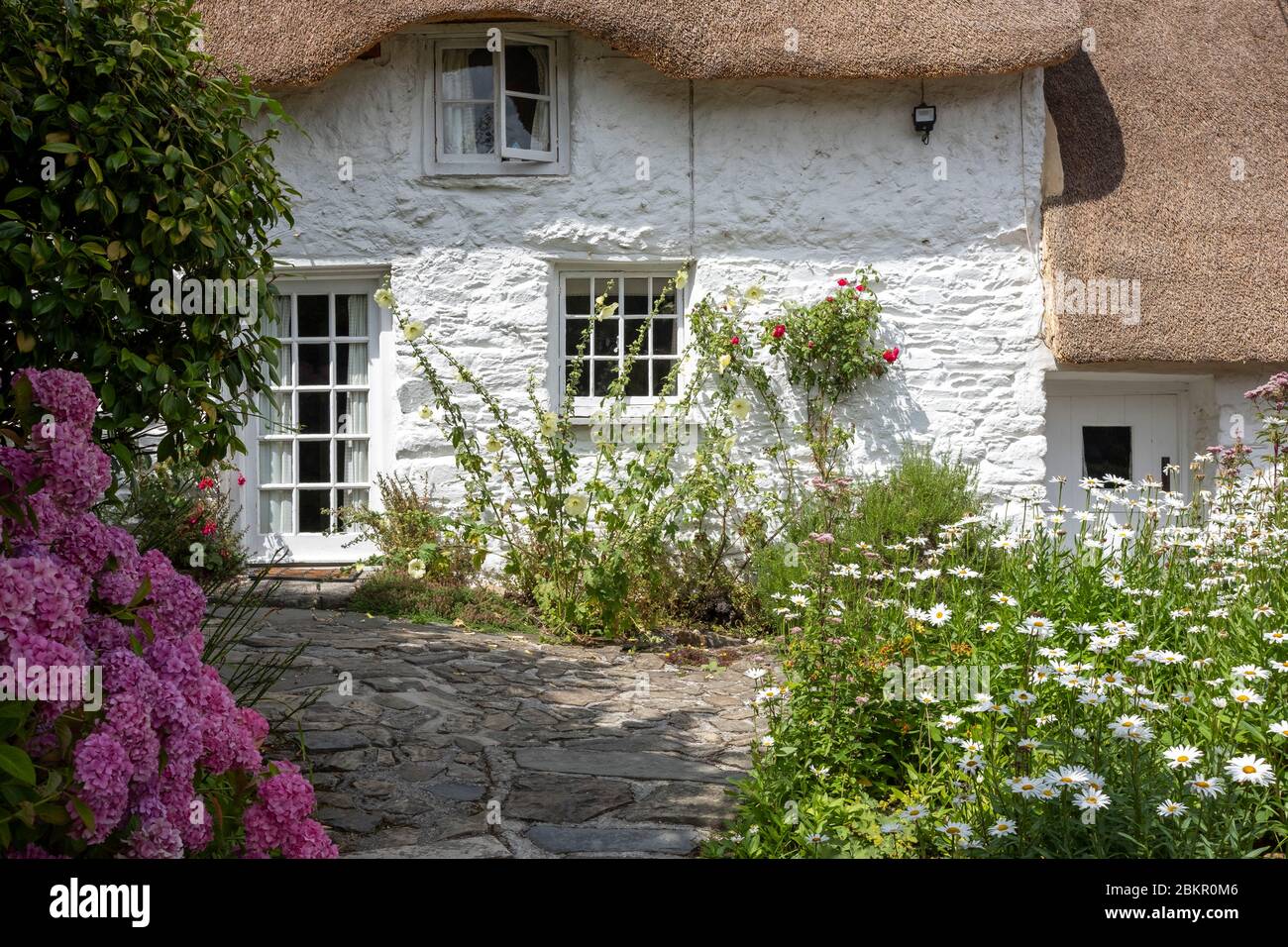 Alter kornischer Strand mit schönem Garten Stockfoto