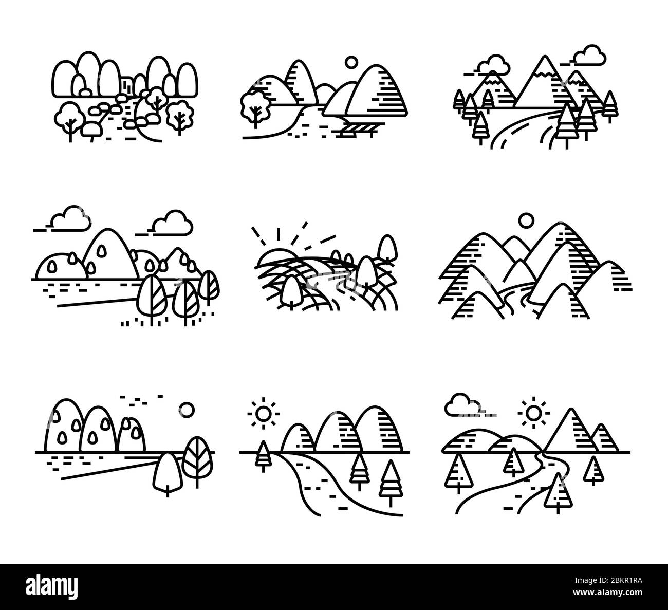 Vektor der Querformat-Ansicht. Land Mountains Symbol gesetzt. Abbildung mit einem Strichstrich. Stock Vektor