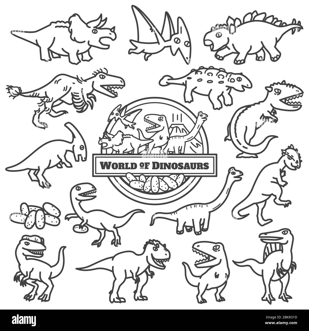 World of Dinosaurs Figuren Design. Vektorgrafik Einzelzeilentrohrung.-Vektor. Stock Vektor