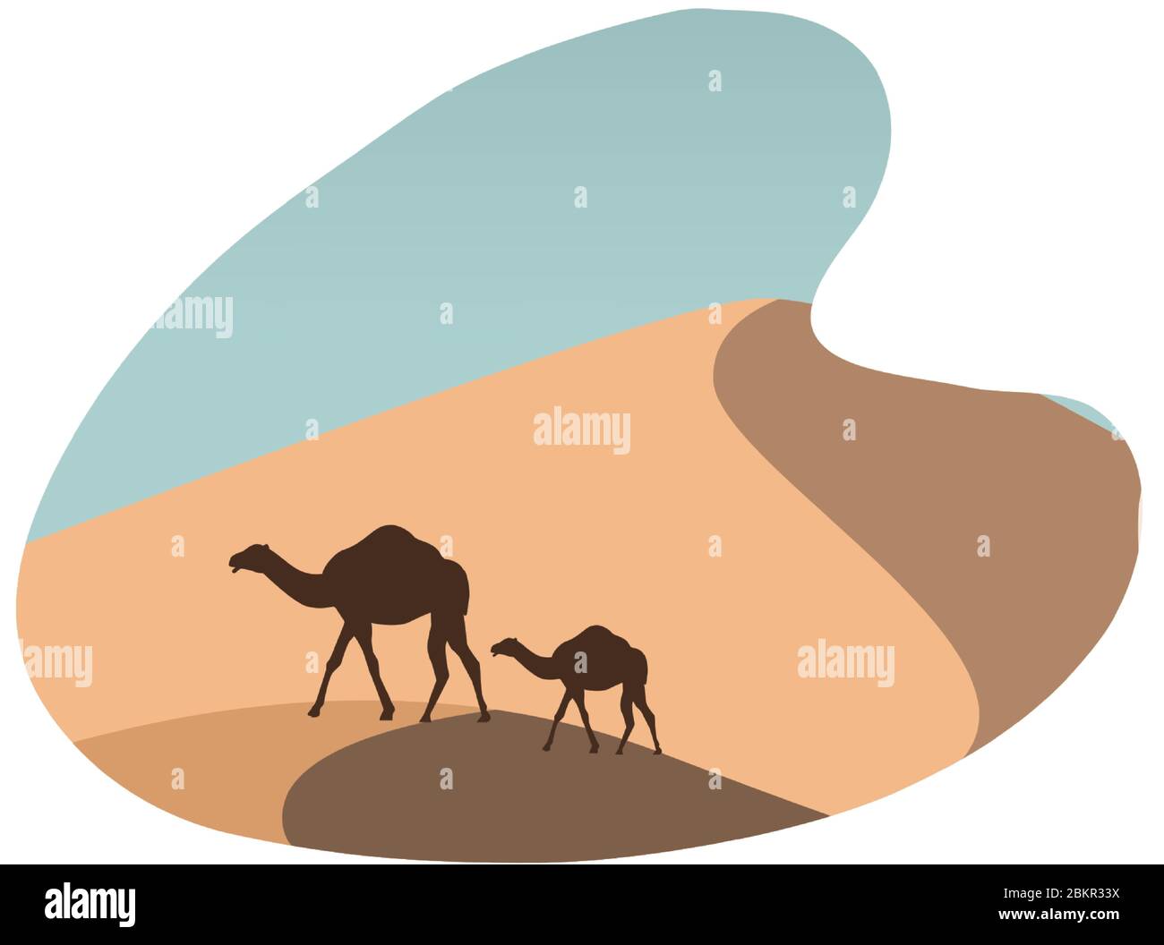 Wüste Landschaft flache Szene mit Sand und Kamele Stock Vektor