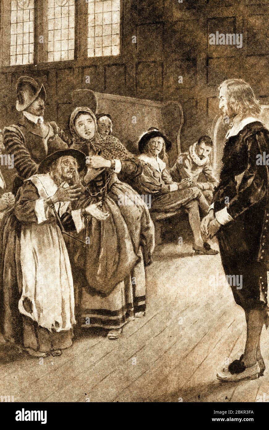 William Harvey (1578 – 1657) war ein englischer Arzt mit Schwerpunkt Anatomie und Physiologie. Er war der erste bekannte Arzt, der die systemische Blutzirkulation beschrieb und war weithin bekannt Skeptiker in Bezug auf den allgemeinen Glauben an Hexerei zu dieser Zeit. In dieser Szene findet er drei Angeklagte Hexen nicht schuldig bei einem Hexenprozess in Lancashire, in dem er den Vorsitz führte. (1920 Abbildung) Stockfoto