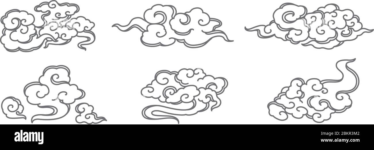 Vektor-Satz für die Wolke. Chinesische, thailändische und japanische Stile. Ein Linienhub. Stock Vektor