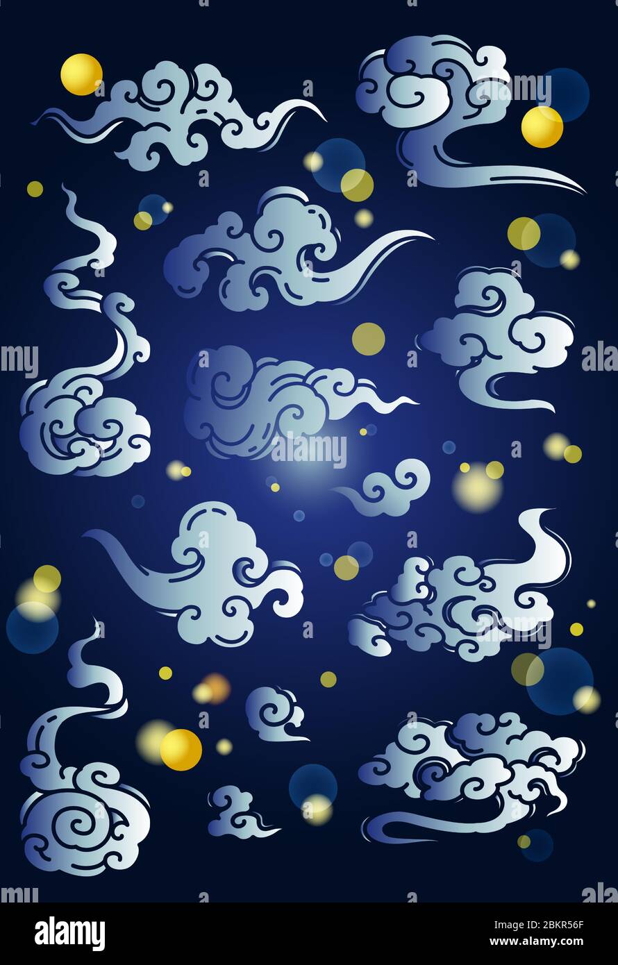 Chinesische Wolken traditionell in Blau- und Goldtönen. Für Mitte Herbst oder Neujahr Festival Artwork, etc. Bokeh Licht graphikund Mond.- Vektor. Stock Vektor