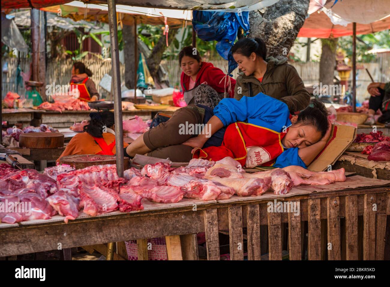 Laos, Luang Prabang Stadt UNESCO-Weltkulturerbe, Schlachter auf dem Markt Stockfoto