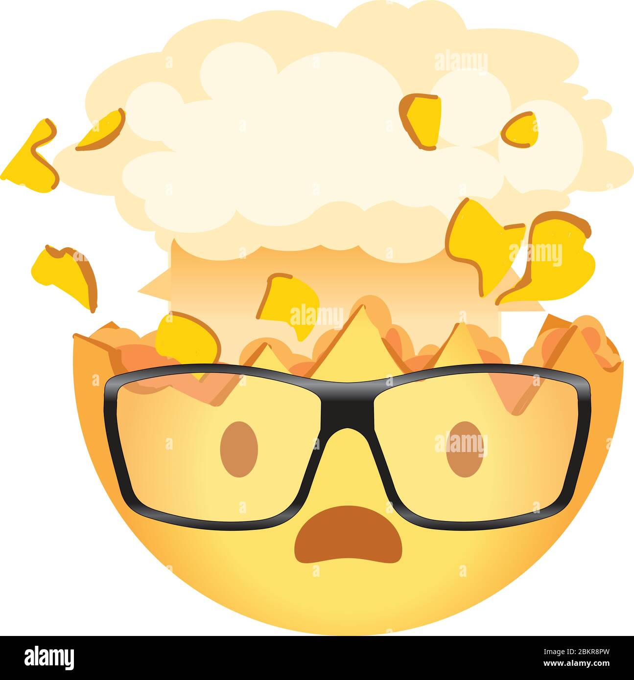 Schockierte Emoji tragen eine Brille. Explodierender Kopf Nerd Emoticon. Gelbes Gesicht mit einem offenen Mund, trägt eine Brille und die Spitze des Kopfes explodiert in der Stock Vektor