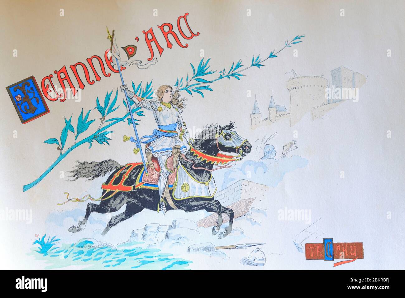 Frankreich, Loiret, Orleans, Kolorierte Lithographie, die Jeanne d'Arc auf dem Pferd darstellt Stockfoto