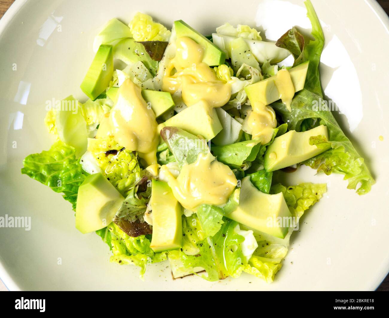Frischer grüner Salat aus gemischten Salatblättern mit Avocadostücken und hausgemachter Mayonnaise Stockfoto