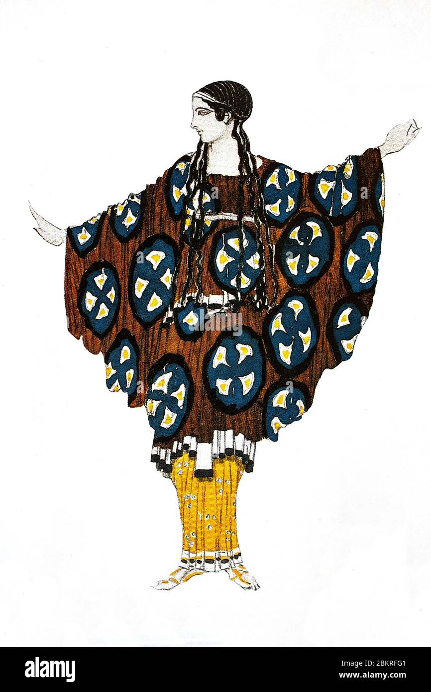Das Kostümdesign für die Ballet Russe Produktion von Daphnis und Chloe, von Maurice Ravel als 'symphonie chorégraphique' beschrieben, aufgeführt am Théâtre du Châtelet in Paris, Frankreich im Jahr 1912. Das Kostüm der Ballerina wurde von Léon Bakst (1866-1924) entworfen, einem russischen Maler, Szene- und Kostümbildner weißrussischer Herkunft. Stockfoto