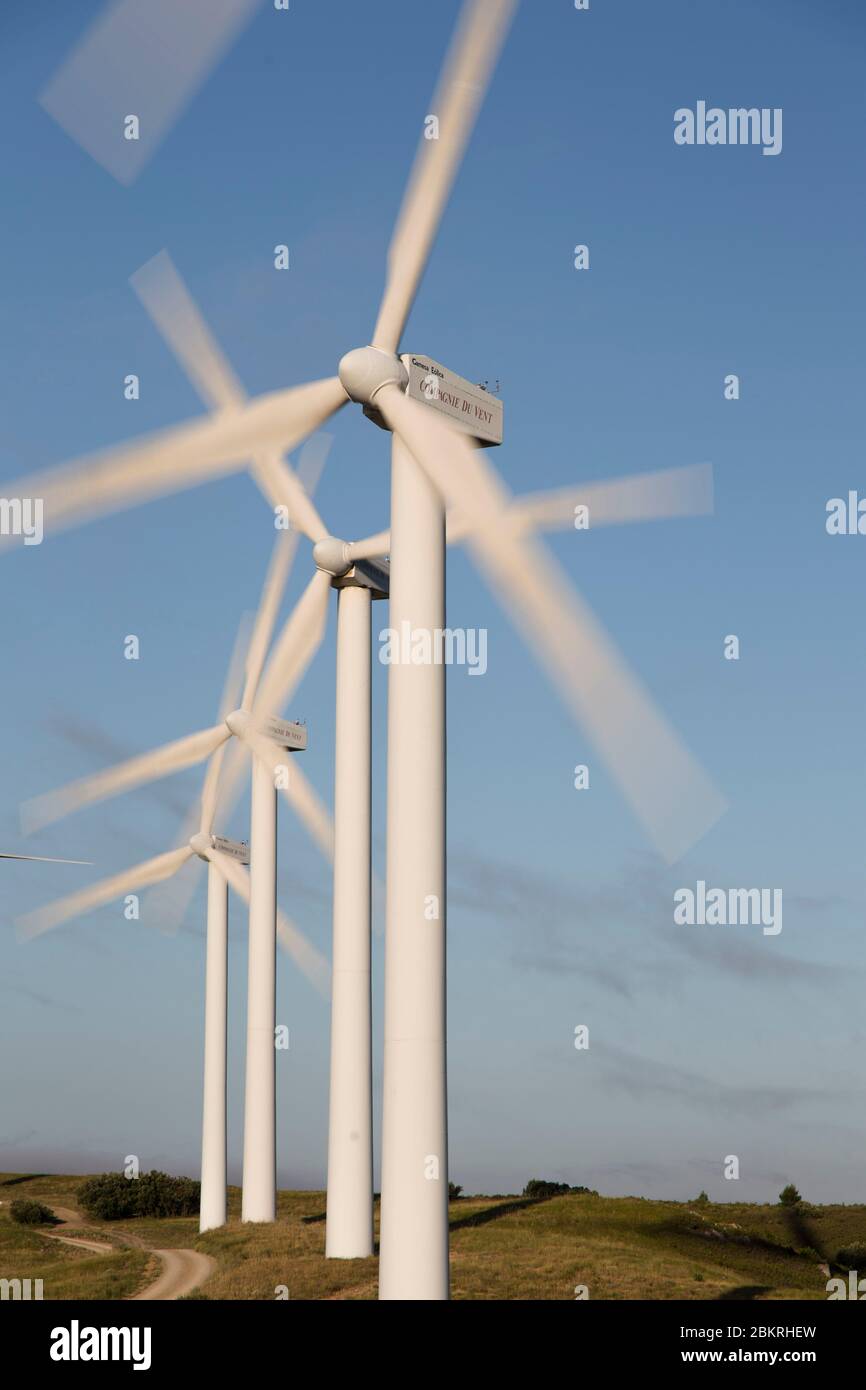 Frankreich, Aude, Nevian, Grande Garrigue de Nevian Windpark, bestehend aus 21 Windkraftanlagen, 0,85 MW gamesa eolica Turbine für eine Gesamtleistung von 17.55 MW, Compagnie du vent LCV, Engie Green, Tochtergesellschaft von '' Engie spezialisiert auf erneuerbare Energien Stockfoto