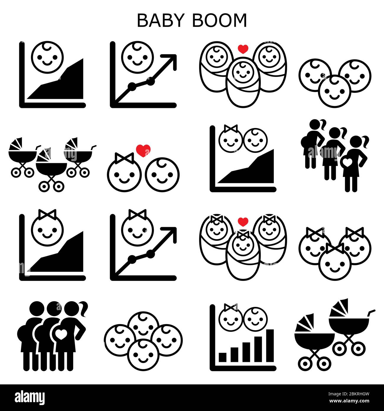 Baby Boom, Baby Boomer Generation Vektor-Symbole Set - Erhöhung der Fruchtbarkeitsraten von Jungen und Mädchen Schwangerschaft Boom, Baby Boom Design-Set, Demographie Stock Vektor