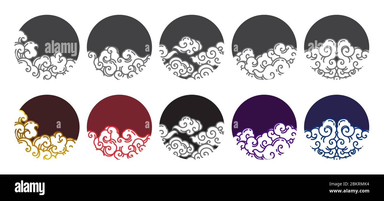 Chinesische Wolke Linie Logo Design Vektor Illustration Set. Traditionelles Orient Cloud Design in runder Form und Kopierraum. Stock Vektor