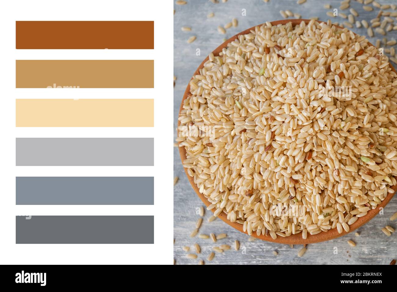 Biologischer brauner Reis Hintergrund in einer Farbpalette, mit kostenlosen Farbfeldern Stockfoto