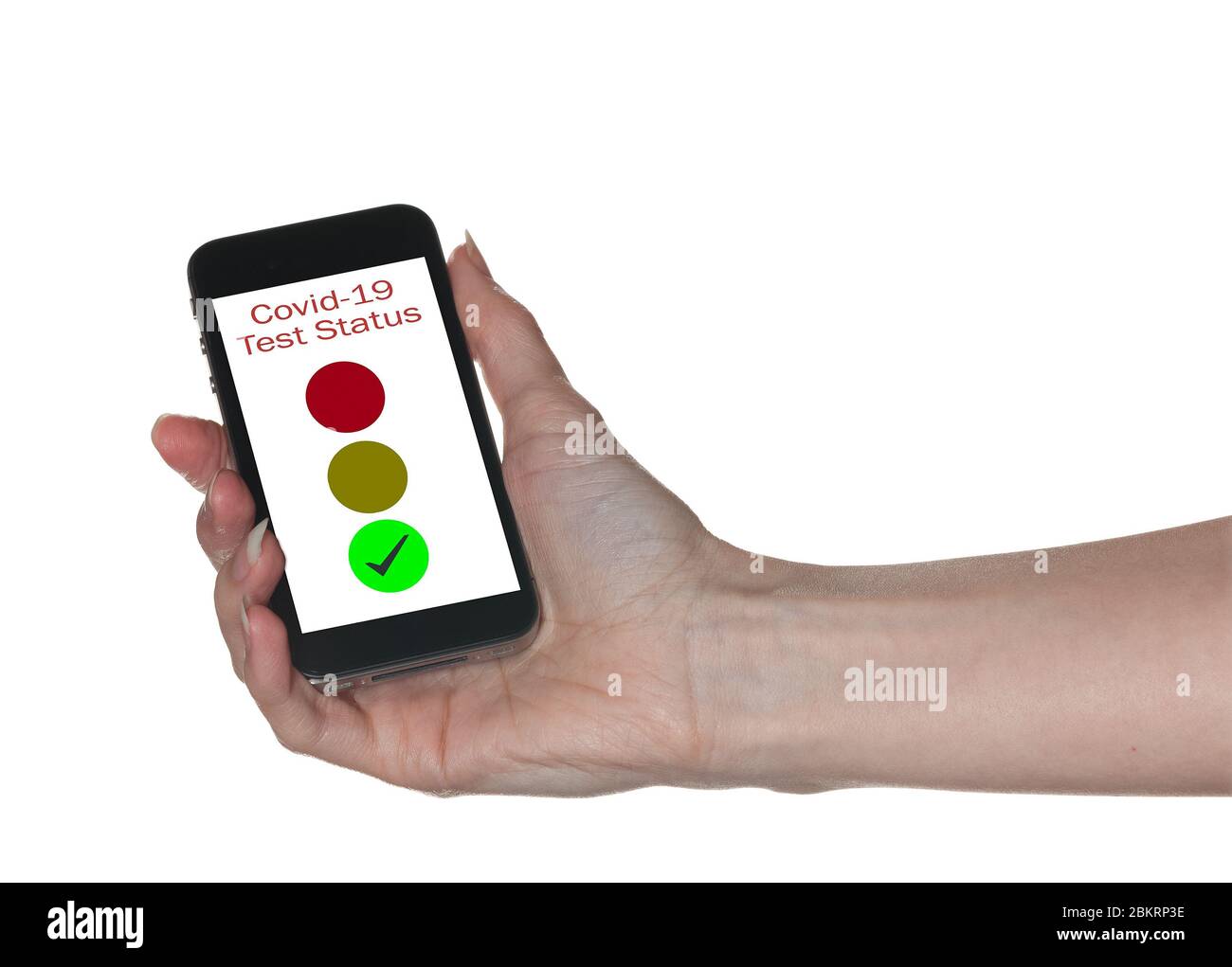 Mockup der Hand halten Smartphone-App zeigt Immunität gegen Coronavirus mit rot grün und gelb gegen weiß isoliert Stockfoto