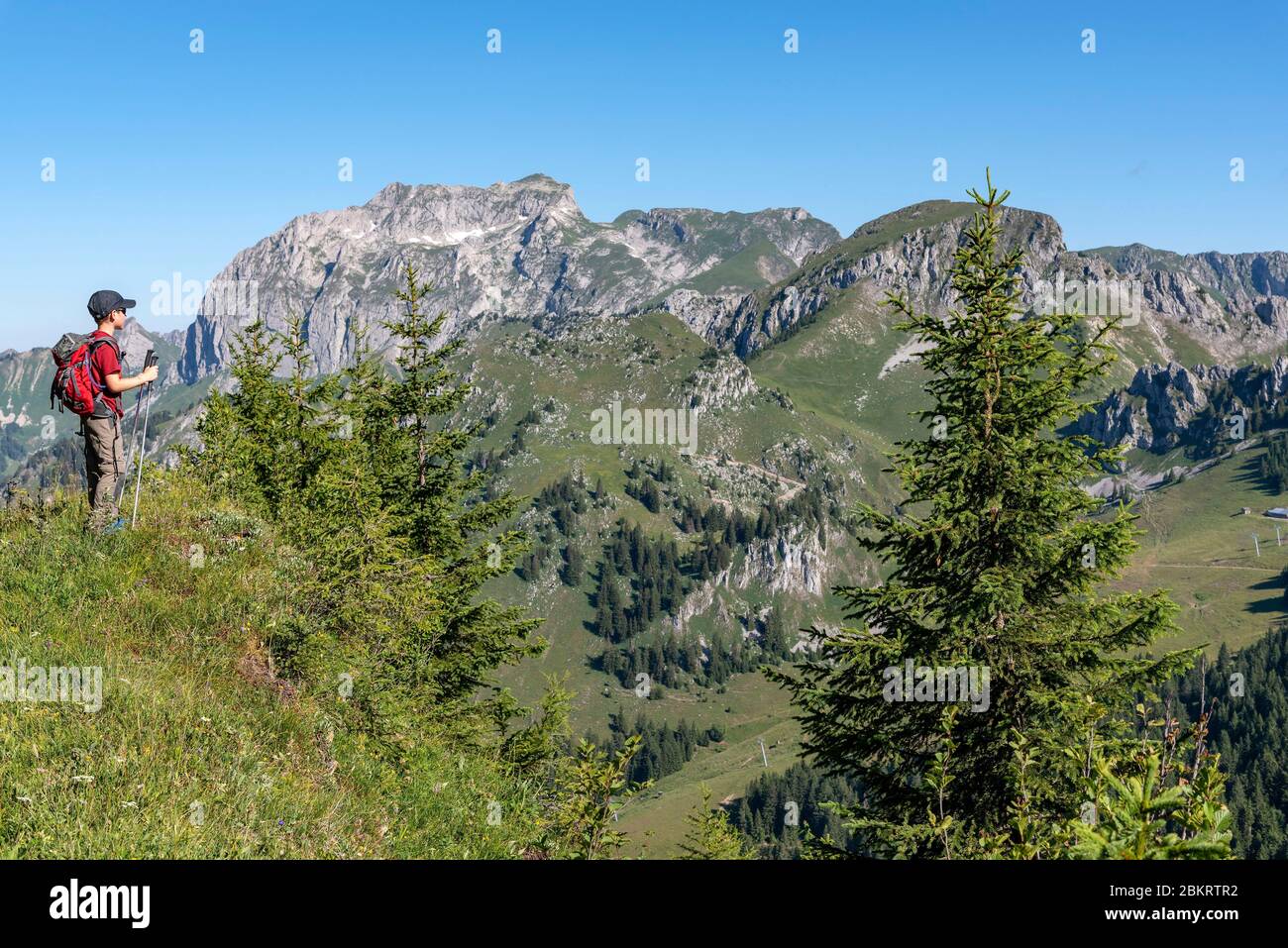 Frankreich, Haute Savoie, Massiv du Chablais, val d'Abondance, junger Wanderer auf dem Bergrücken, der zur Pointe de Recon führt, im Hintergrund der Cornettes de Bises (2432m) Stockfoto