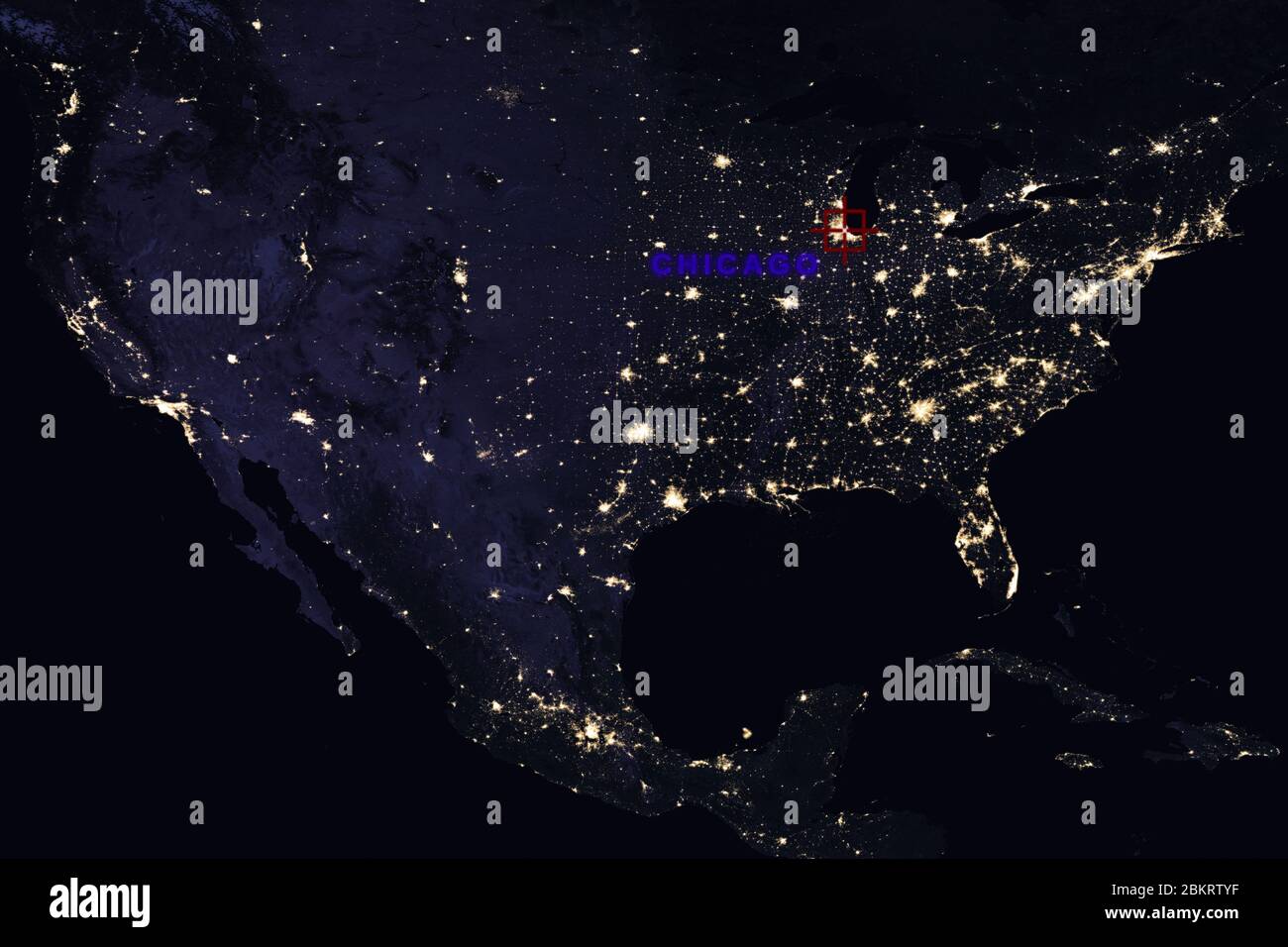 Hochauflösende Karte Zusammenstellung der USA bei Nacht, die Chicago, Illinois, zeigt - Elemente dieses Bildes, die von der NASA bereitgestellt wurden Stockfoto