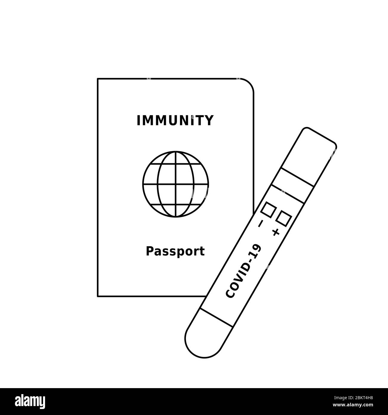 Immunity Pass und Coronavirus Teströhrchen. Prüfung für COVID-19 an den Landesgrenzen. Ein Beweis, dass eine Person nicht infiziert ist. Symbol für schwarze Linie auf Weiß Stock Vektor