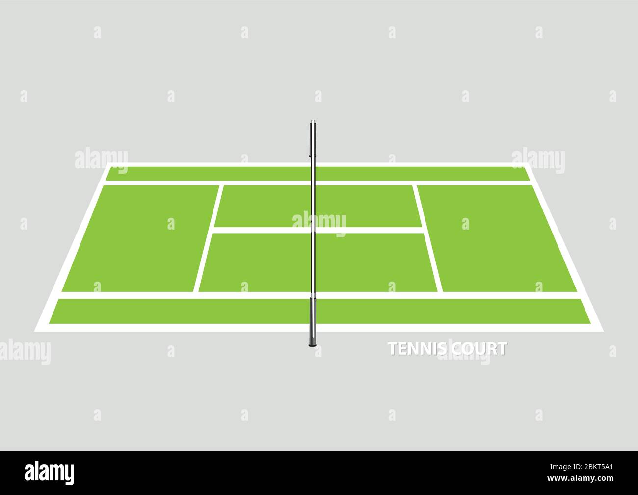 Leerer Tennisplatz mit Trennnetz in der Mitte, von der Seite in erhöhter Ansicht gesehen. Vektorgrafik isoliert auf einfachem Hintergrund. Stock Vektor