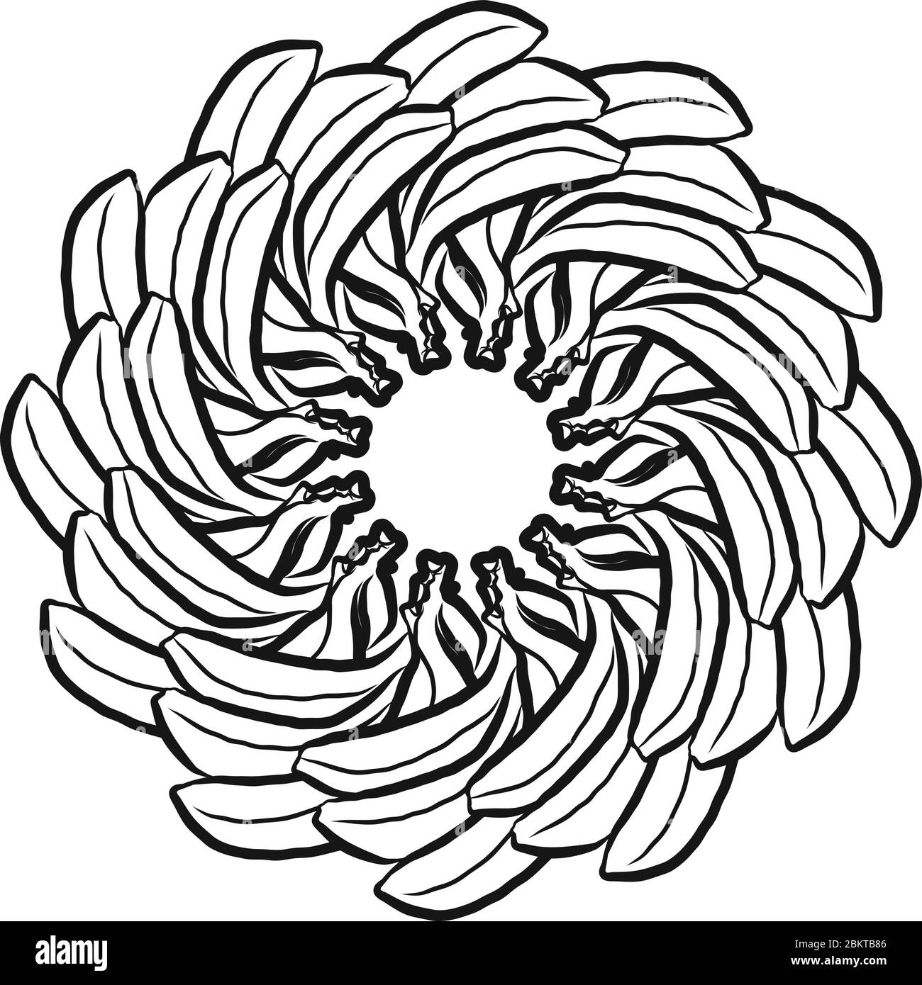 Umriss Version von Bananen in einem Kreis angeordnet. Nahtlose runde Komposition mit handgezogenen Früchten. Vektorgrafik auf Weiß Stock Vektor