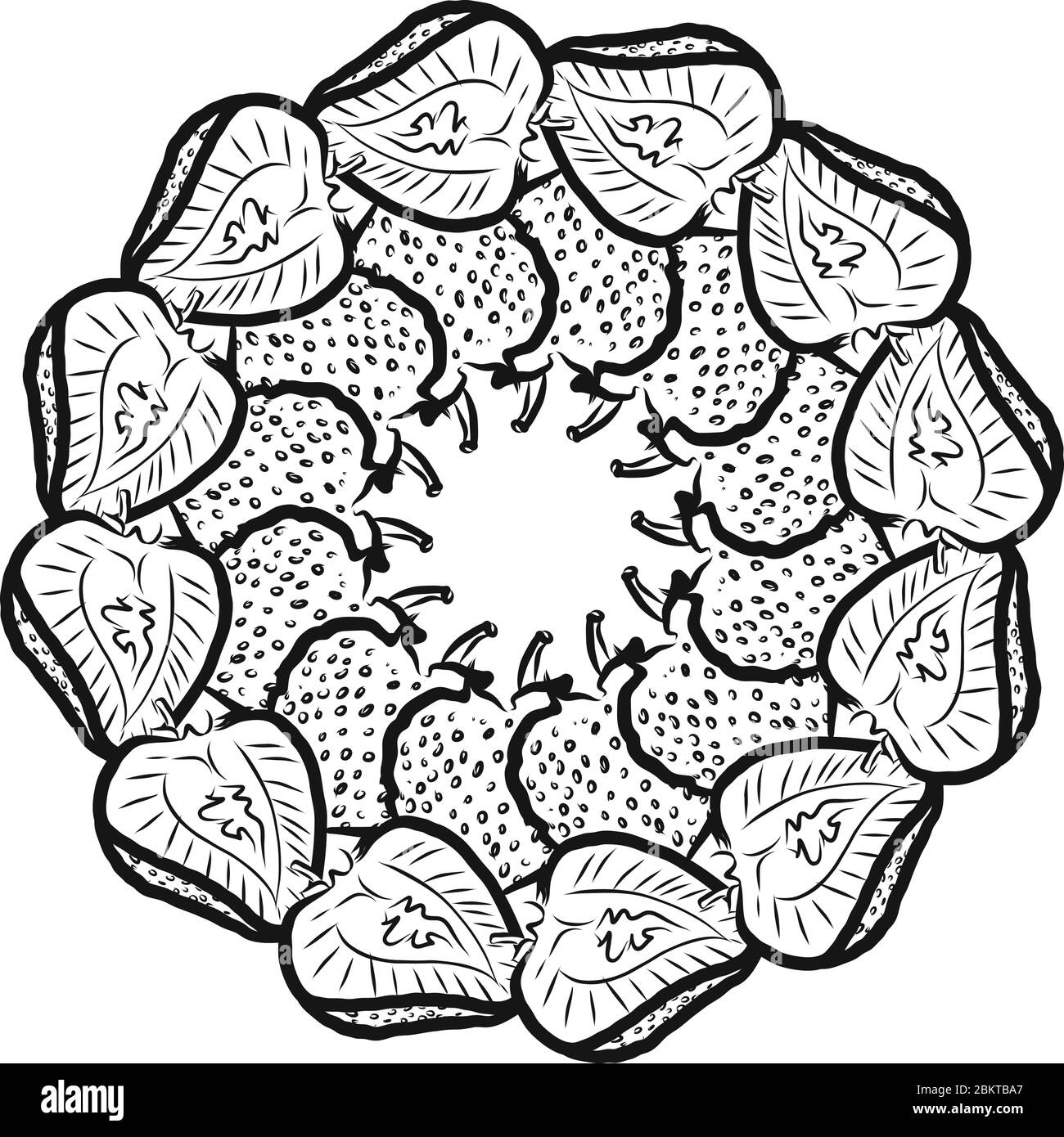 Umriss Version der Erdbeeren in einem Kreis angeordnet. Nahtlose runde Komposition mit handgezogenen Früchten. Vektorgrafik auf Weiß Stock Vektor
