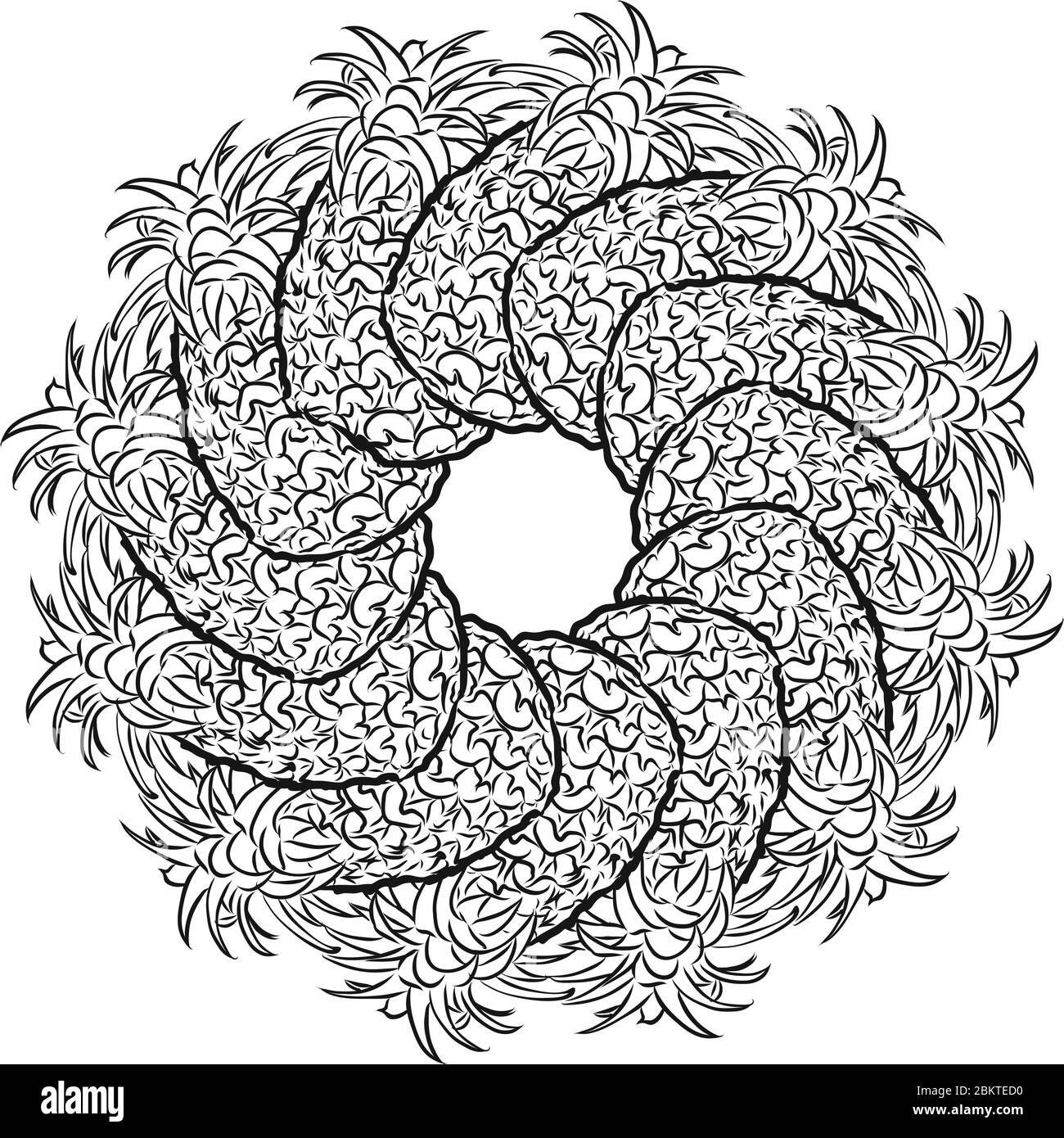 Umriss Version der Ananas in einem Kreis angeordnet. Nahtlose runde Komposition mit handgezogenen Früchten. Vektorgrafik auf Weiß Stock Vektor