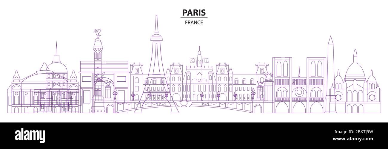 Paris Skyline Reise Illustration in Linie Art Stil. Vektor-Design mit isolierten Pariser Sehenswürdigkeiten, französisch Tourismus und Reise Hintergrund für Print, t-s Stock Vektor