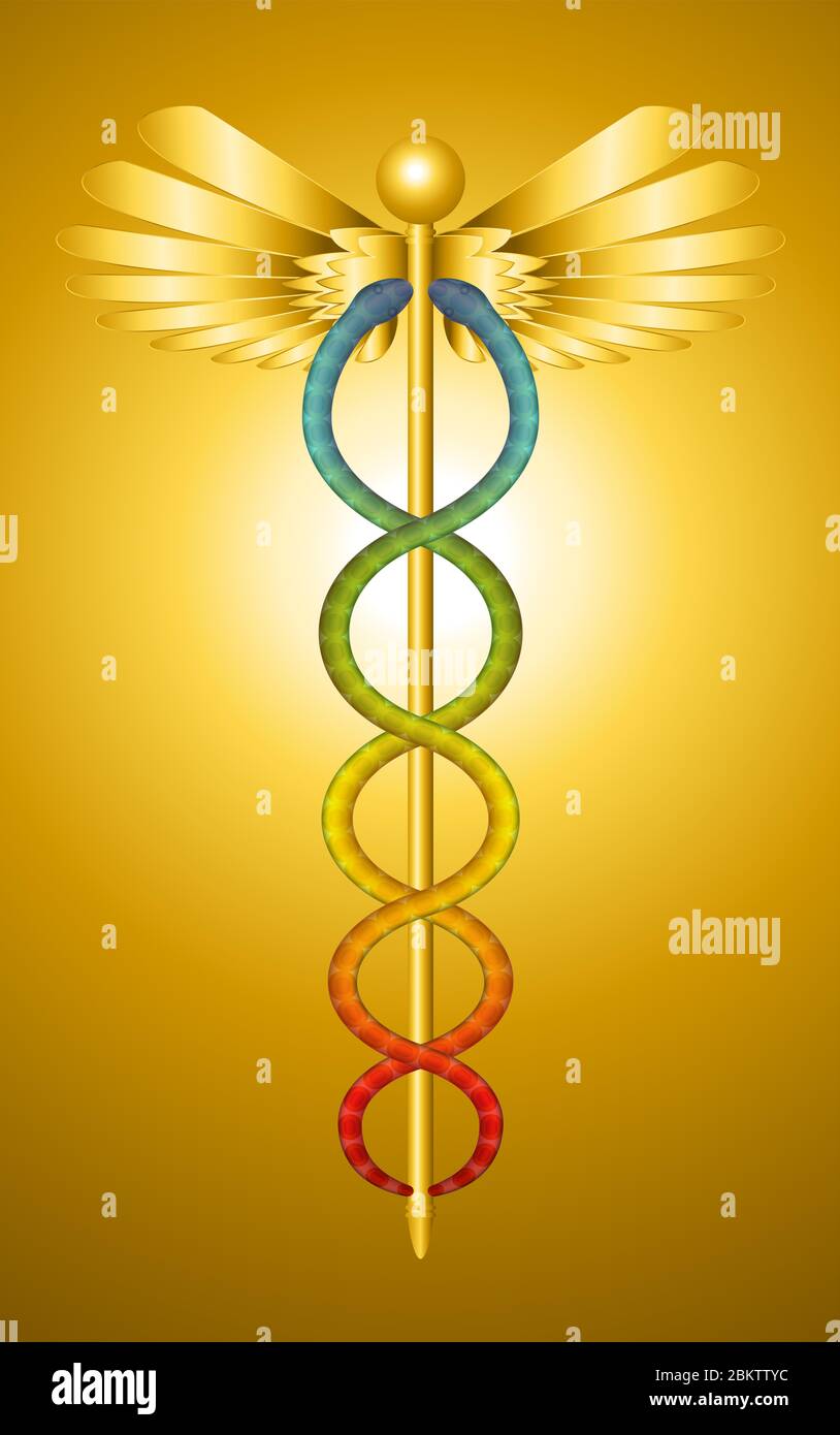 Caduceus, traditionelles griechisches Symbol des Hermes Trismegistus, goldener Stab, umschlungen von zwei bunten Schlangen, überragt von Flügeln. Stockfoto