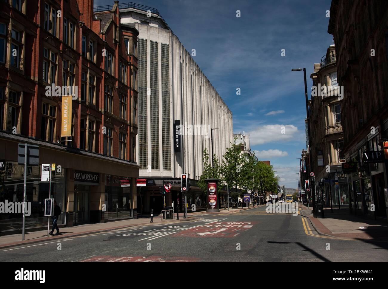 Ein verlassene Deansgate Manchester wegen der Sperrung wegen Corona Virus Stockfoto