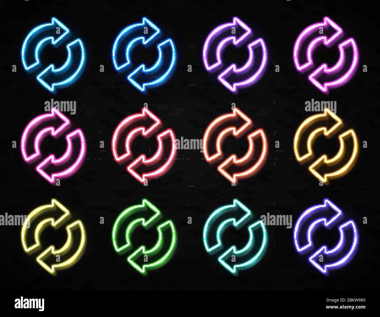 2 Pfeilkreissymbole gesetzt. 3d Farbe Neon Zeichen auf schwarzem Backstein Hintergrund. Leuchtendes Symbol für die Rotationsschleife zum erneuten Laden der Aktualisierung. Elektrische Lampe Technologie skizzieren. Stock Vektor