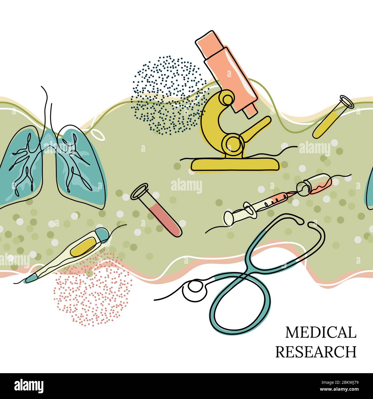 Nahtlose Illustration. Inschrift-medizinische Forschung. Mikroskop, Lunge, Spritze, Cowind-19 Virus, in einer Linie gezeichnet. Stock Vektor