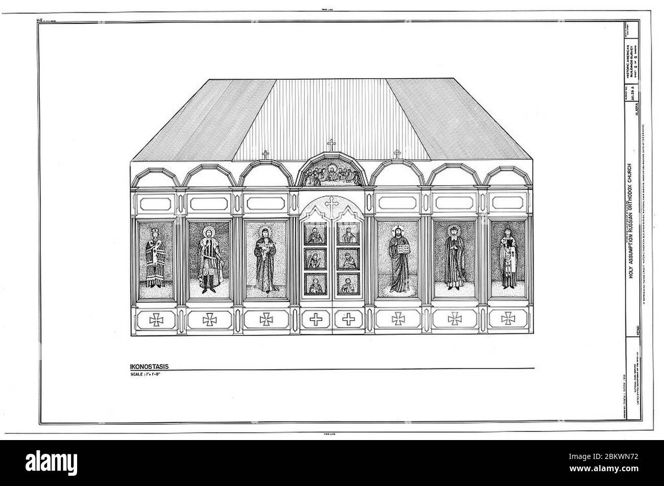 Ikonostas Zeichnung Heilige Himmelfahrt Russisch-Orthodoxe Kirche Kenai (Alaska). Stockfoto