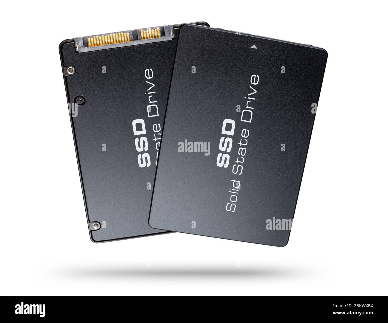 Paar schwarze goldene SSD Solid State Drive Computer Festplatte Flash-Speicher vorne und hinten auf weißem Hintergrund isoliert. pc-Datensicherung modern tec Stockfoto