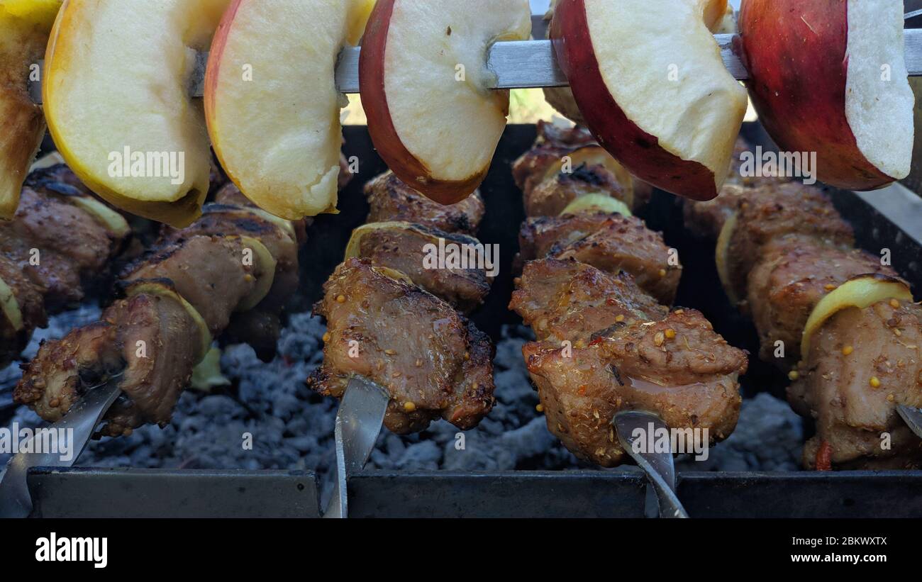 Gegrilltes Fleisch auf Kohlen, saftig leckeren Grill auf Spieße. schisch Kebab auf Spieße über Holzkohle Brazier im Freien. Fleisch Shashlik (Schisch Kebab) Schweinefleisch Grill Stockfoto