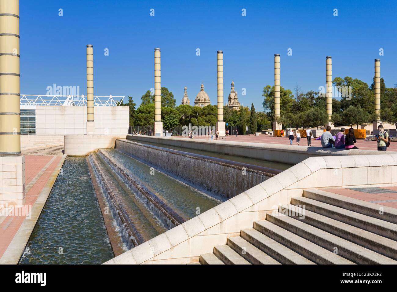 Olympischer Ring im Bezirk Montjuic, Barcelona, Katalonien, Spanien, Europa Stockfoto