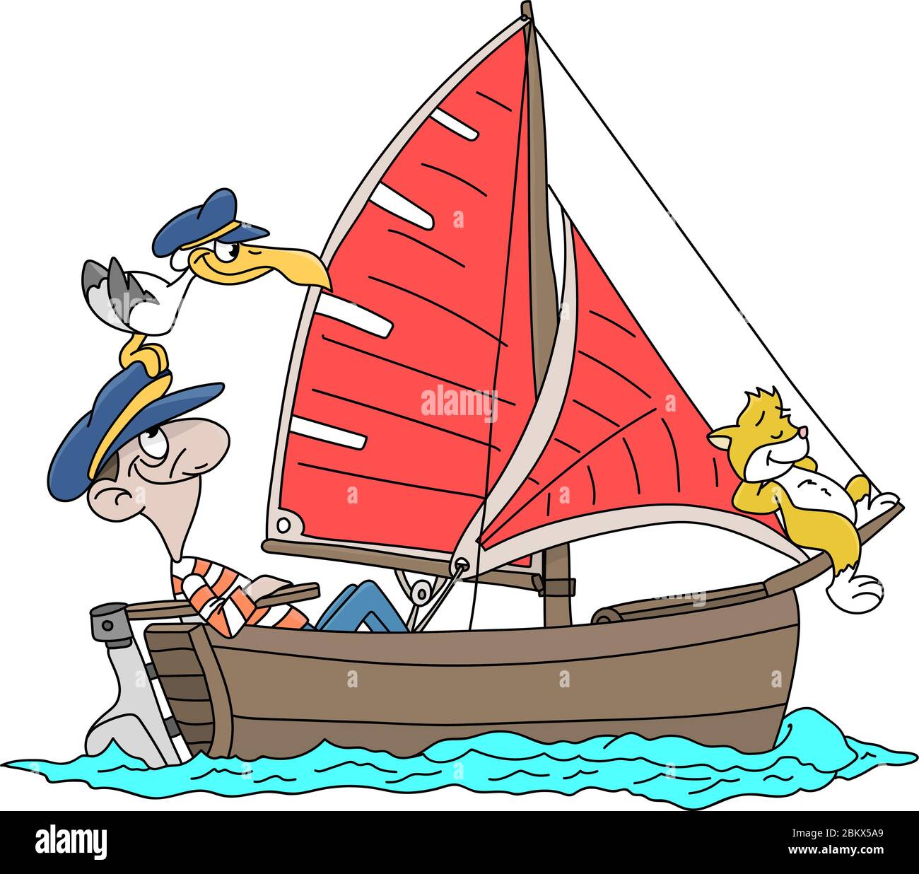 Cartoon Kapitän Segeln mit seiner Katze und Möwe Vektor-Illustration Stock Vektor