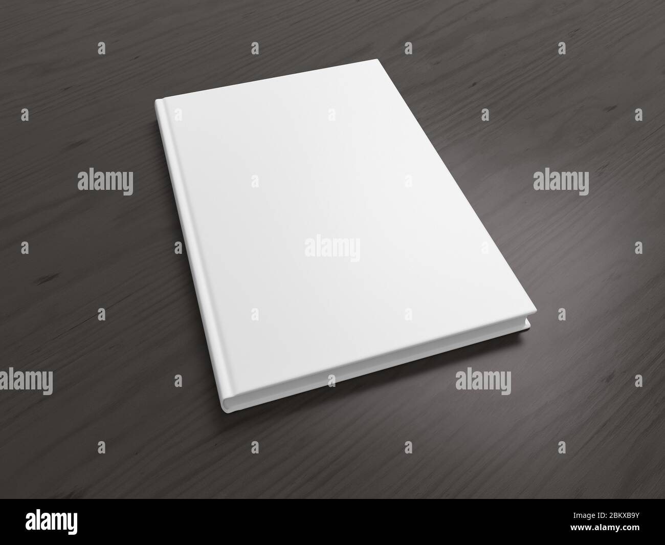 Leerer Bucheinband auf schwarzem Hintergrund. Weitwinkel-Seitenansicht in Perspektive Stockfoto