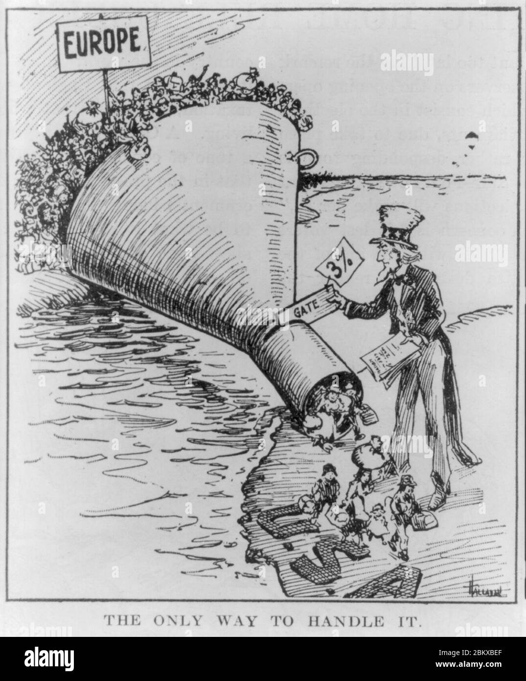 Illus. Für Artikel ‘ein Alien-Antidumping-Gesetz‘ in der literarischen Digest, 7. Mai 1921, S. 13, Neudruck einer Karikatur von Hallhan für Providence Evening Bulletin, zeigt Trichter Brücke Atlantik Stockfoto