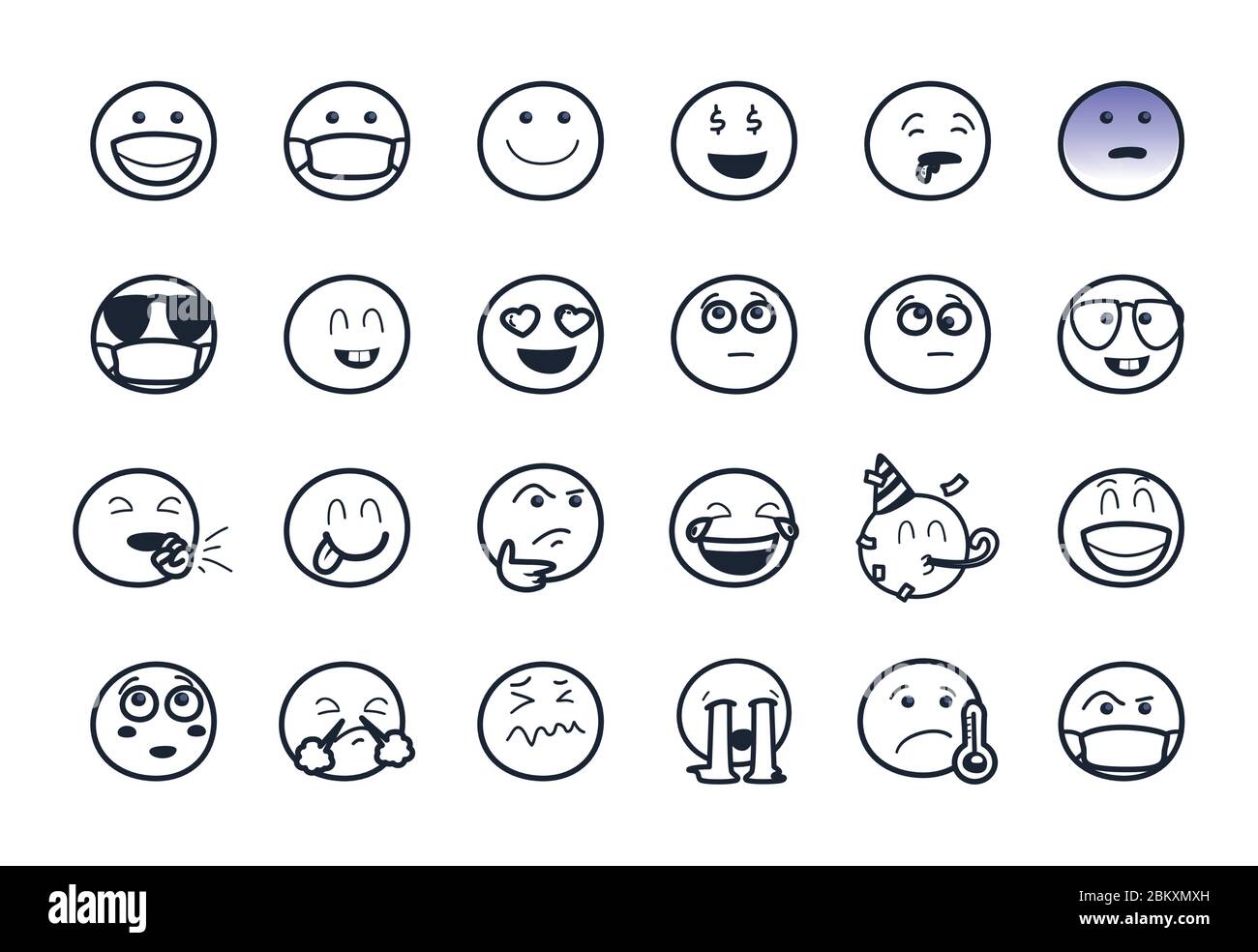 Emojis Gesichter Linie Stil Symbol Set-Design, Cartoon Ausdruck Emoticon und Social Media Thema Vektor-Illustration Stock Vektor