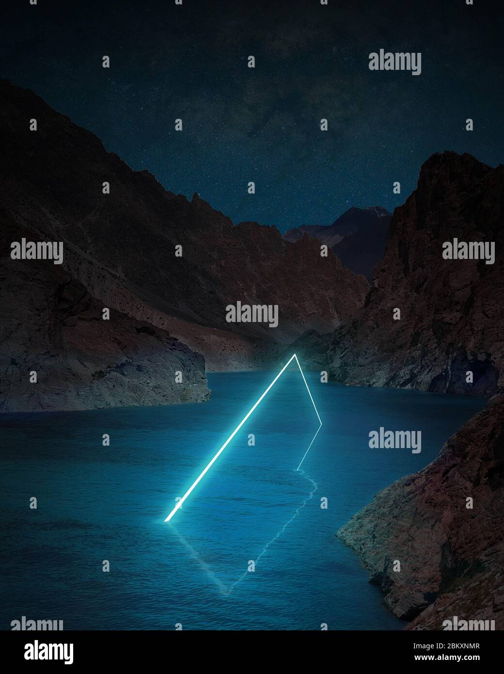Imaginäre Welt - Futuristisch Neonlicht Rechteck Getaucht In Das Blaue Wasser Des Attabad Lake In Hunza, Gilgit Baltistan, Pakistan - Futuristisch Stockfoto