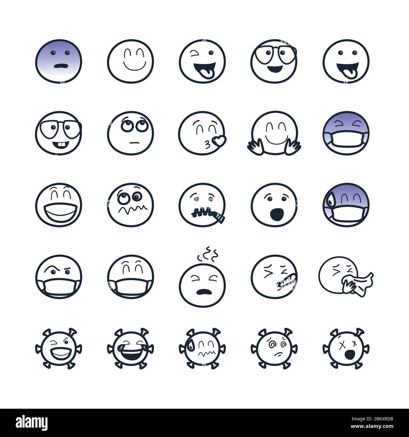 Coronavirus und Emojis Linie Stil Symbol Set Design, Emoticon und Social Media Thema Vektor-Illustration Stock Vektor