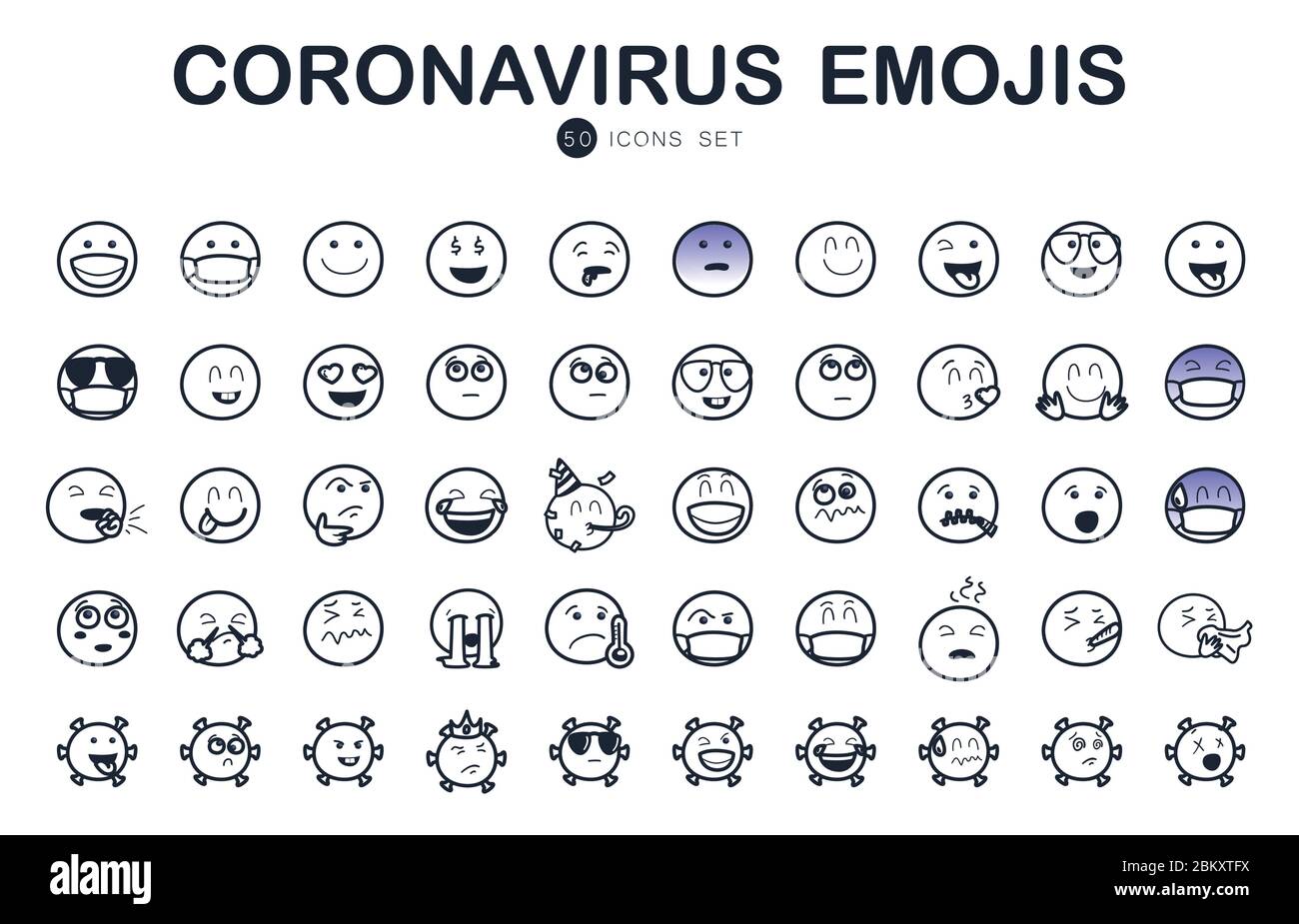 50 Coronavirus und Emojis Linienstil Icon Set Design, Emoticon und Social Media Thema Vektor-Illustration Stock Vektor