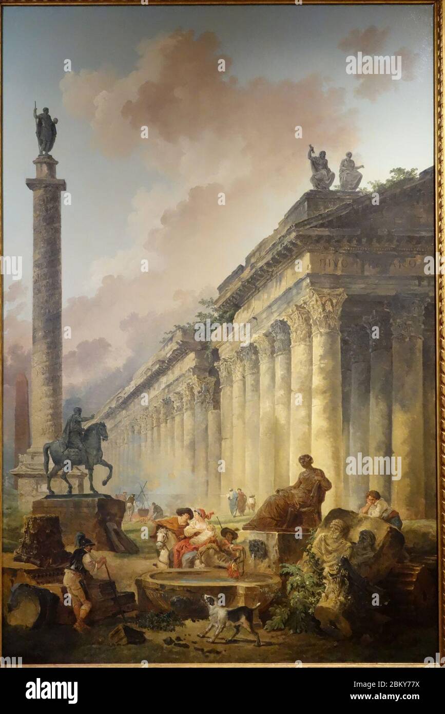 Imaginäre Ansicht von Rom mit Reiterstatue des Marcus Aurelius, Trajanssäule und Tempel von Hubert Robert, 1786, Öl auf Leinwand Stockfoto