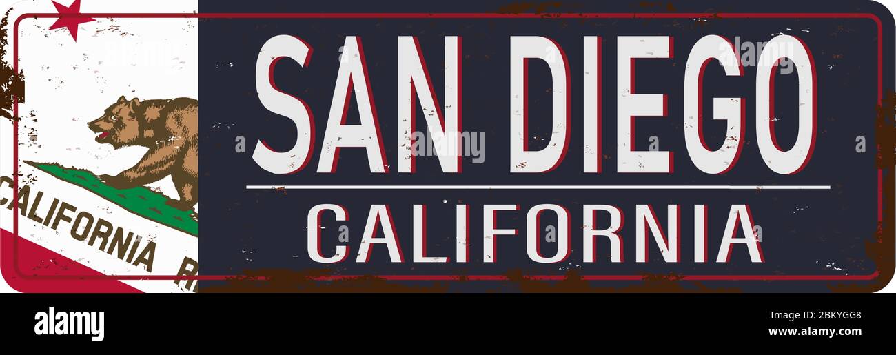 Vintage Zinn Schild mit USA City Name San Diego Retro Souvenir Schild aus Metall Hintergrund. Thema Reisen. Stock Vektor